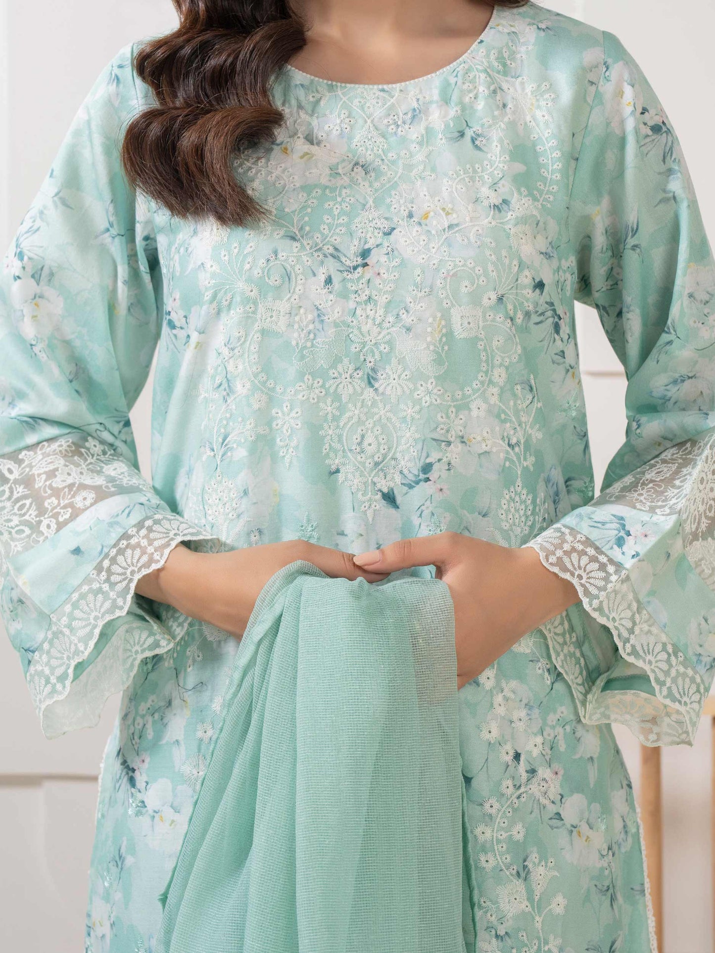 3 Piece Satin Suit-Embroidered (Pret)