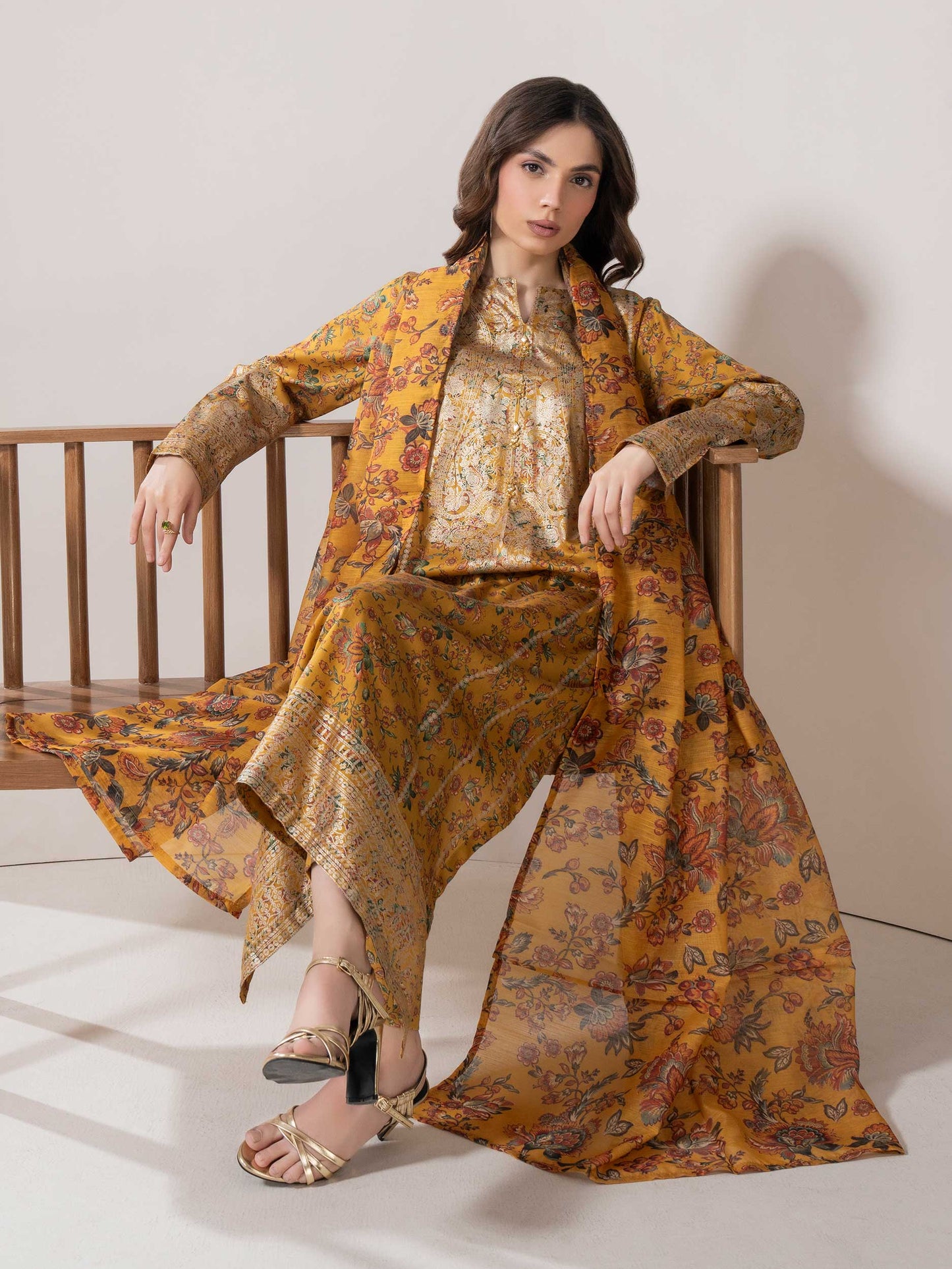 3 Piece Satin Suit-Paste Print (Pret)
