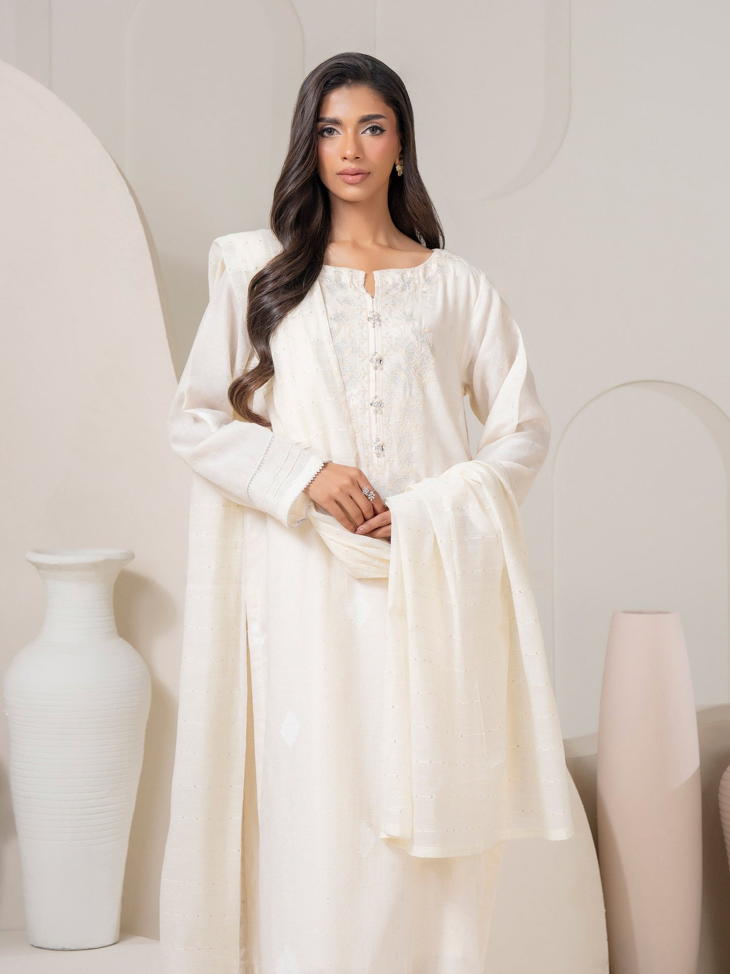 3 Piece Jacquard Suit-Embroidered (Pret)
