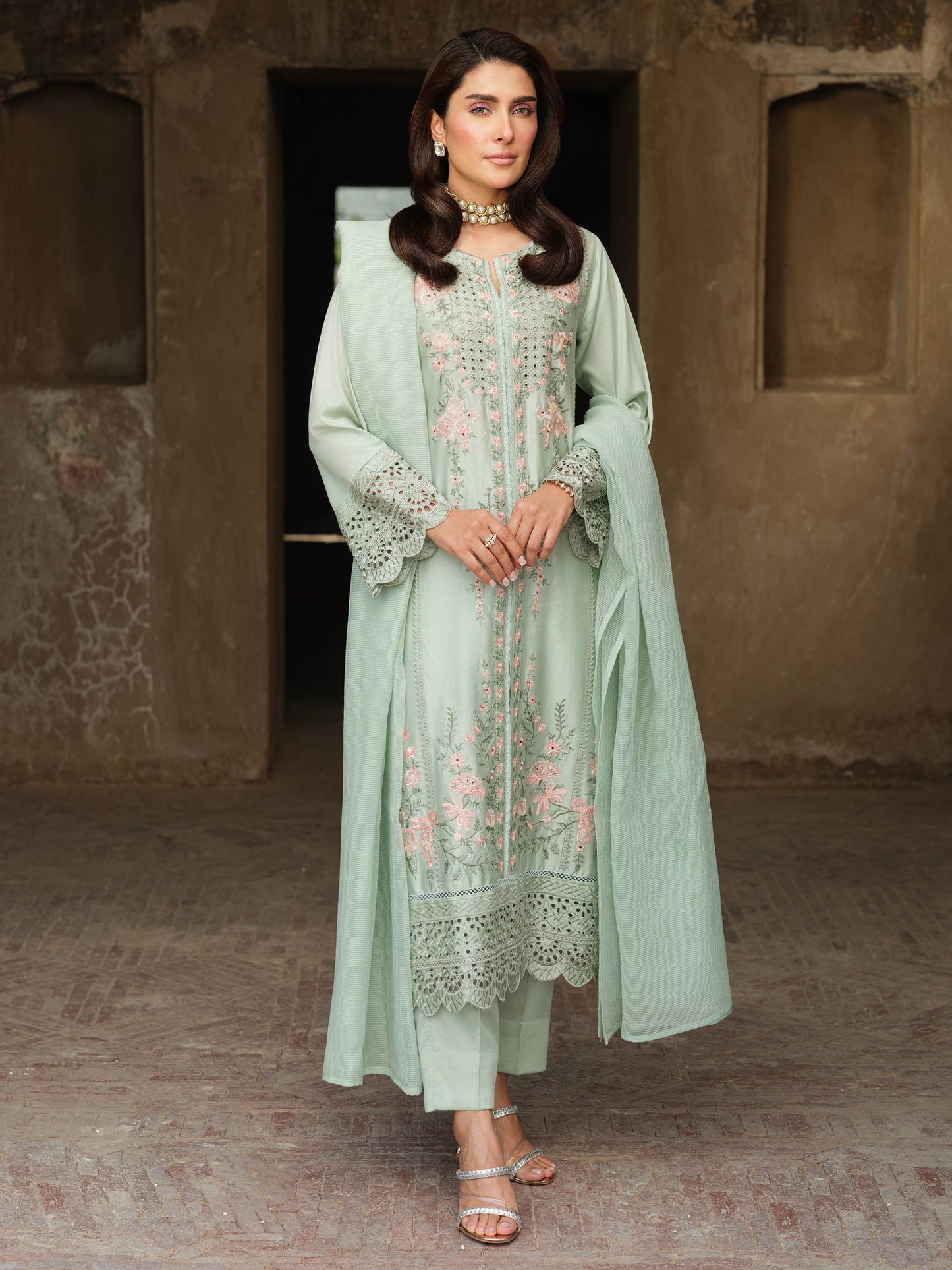 3 Piece Satin Suit-Embroidered (Pret)