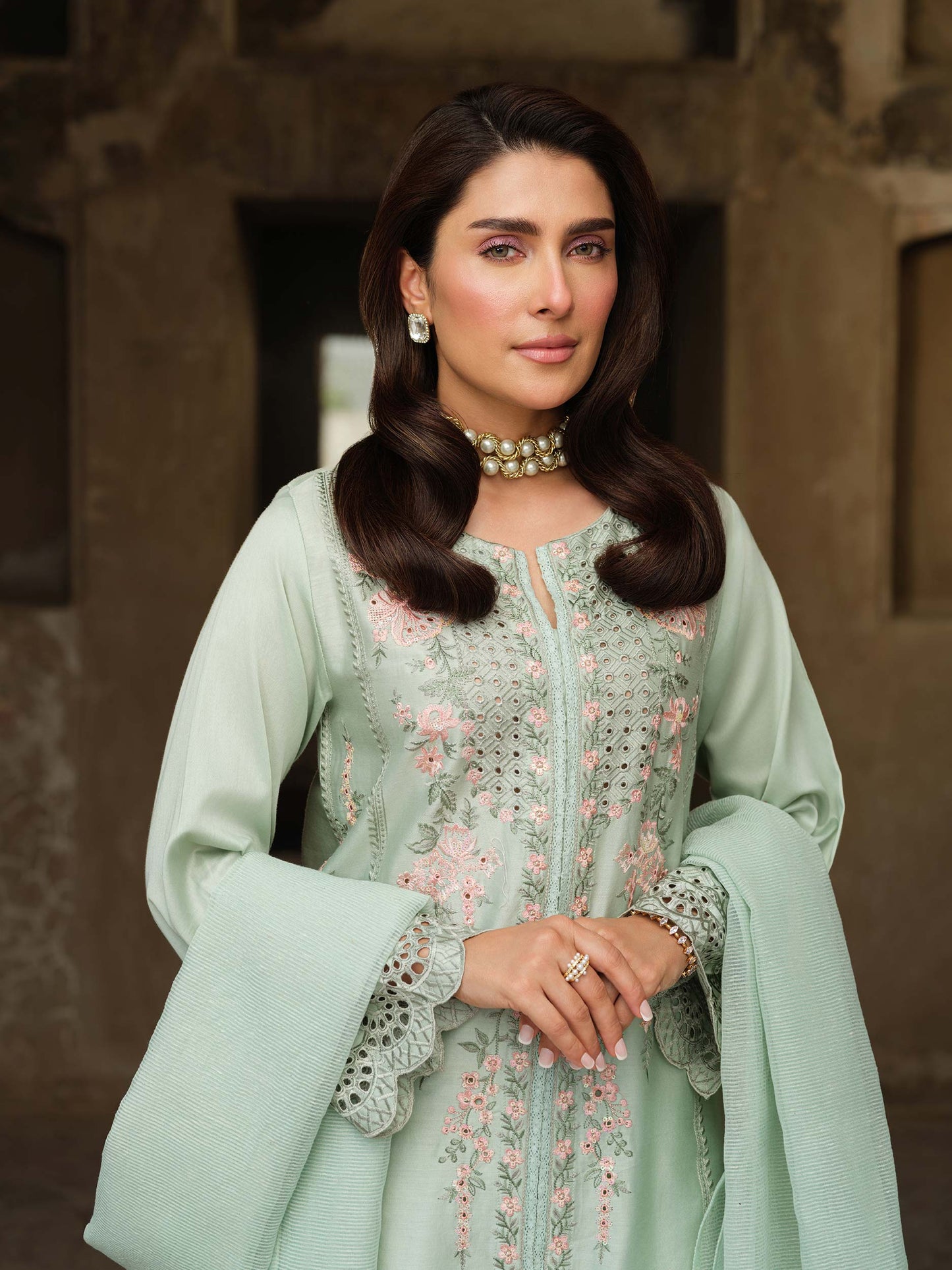 3 Piece Satin Suit-Embroidered (Pret)