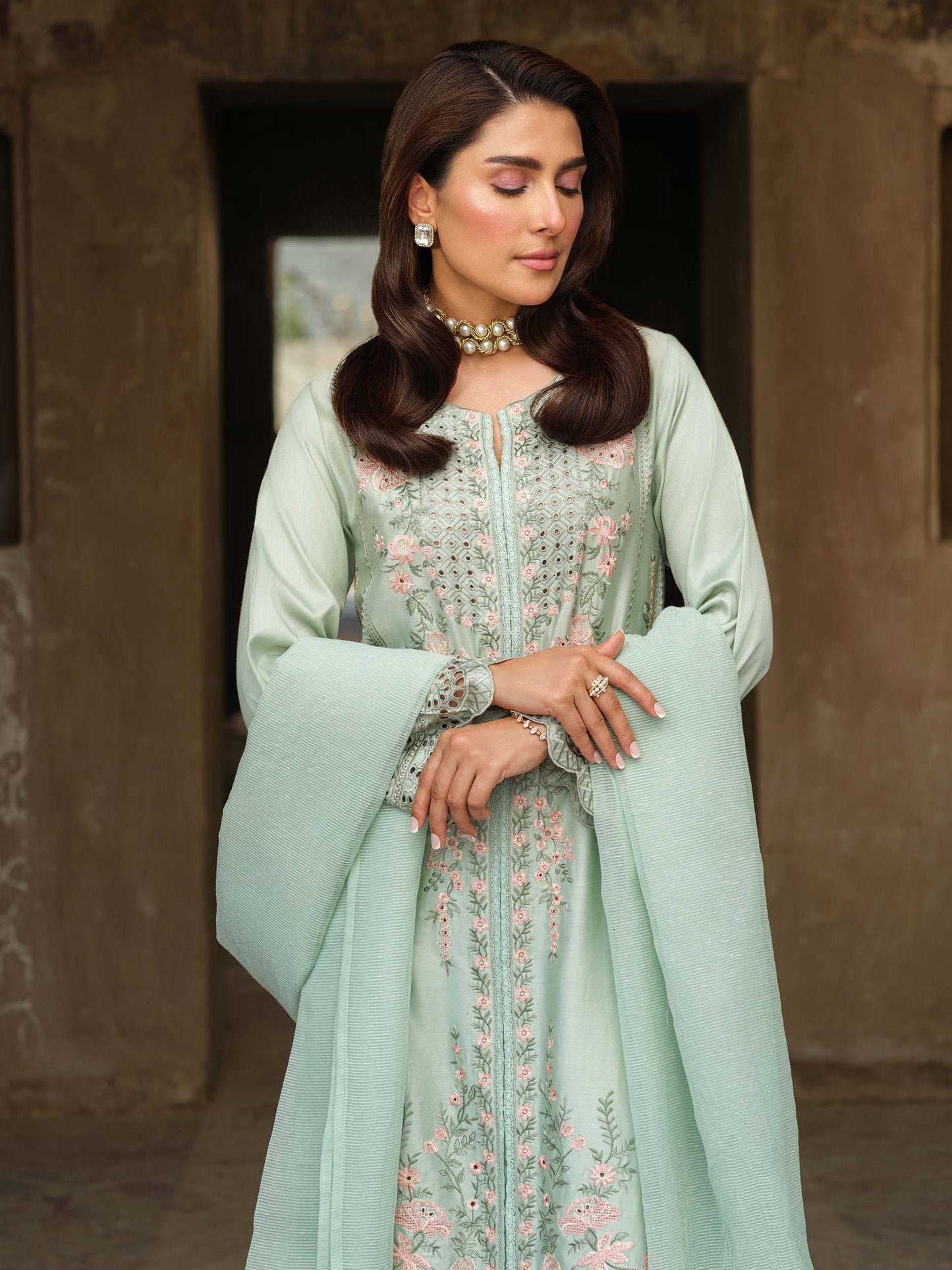 3 Piece Satin Suit-Embroidered (Pret)