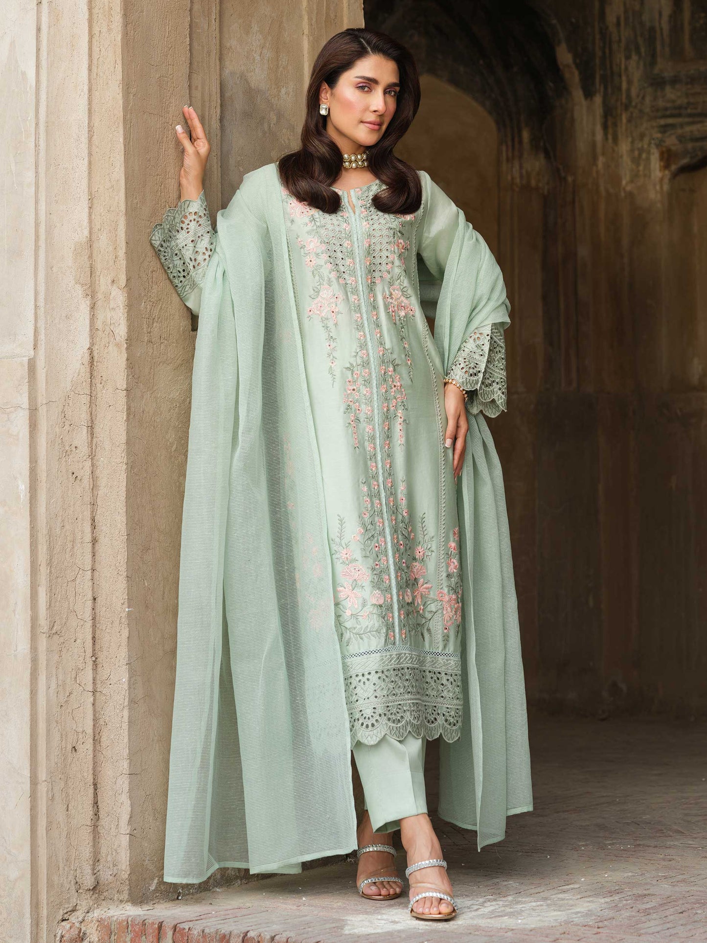 3 Piece Satin Suit-Embroidered (Pret)