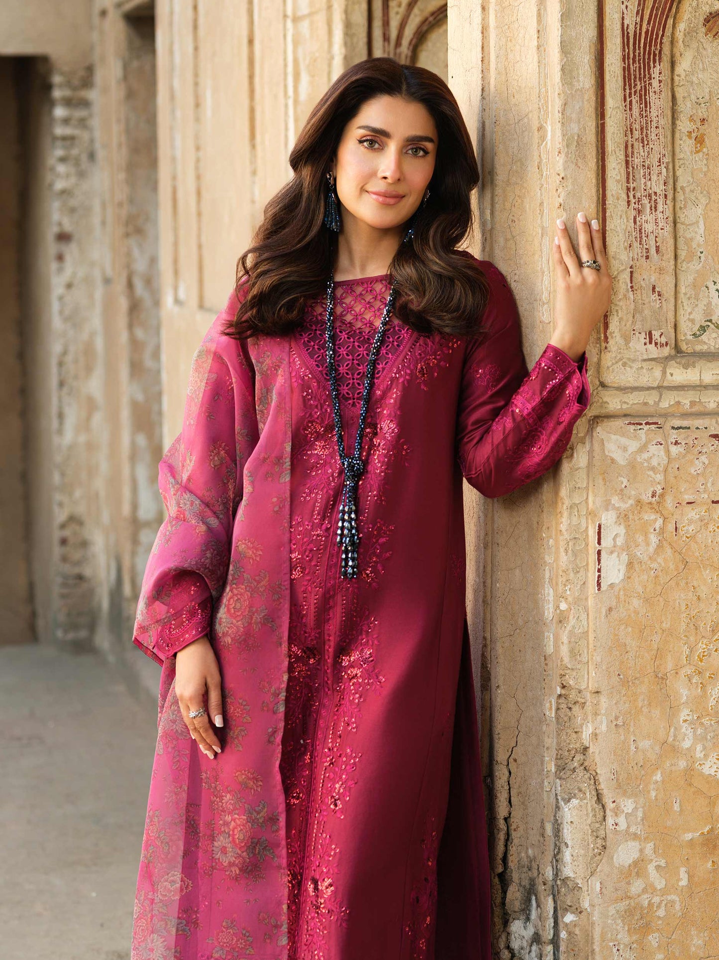 3 Piece Satin Suit-Embroidered (Pret)