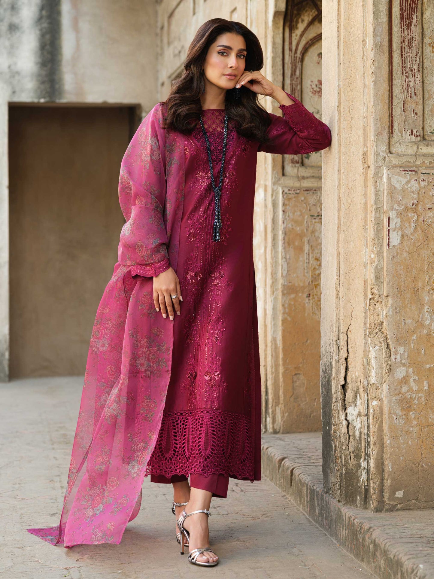 3 Piece Satin Suit-Embroidered (Pret)