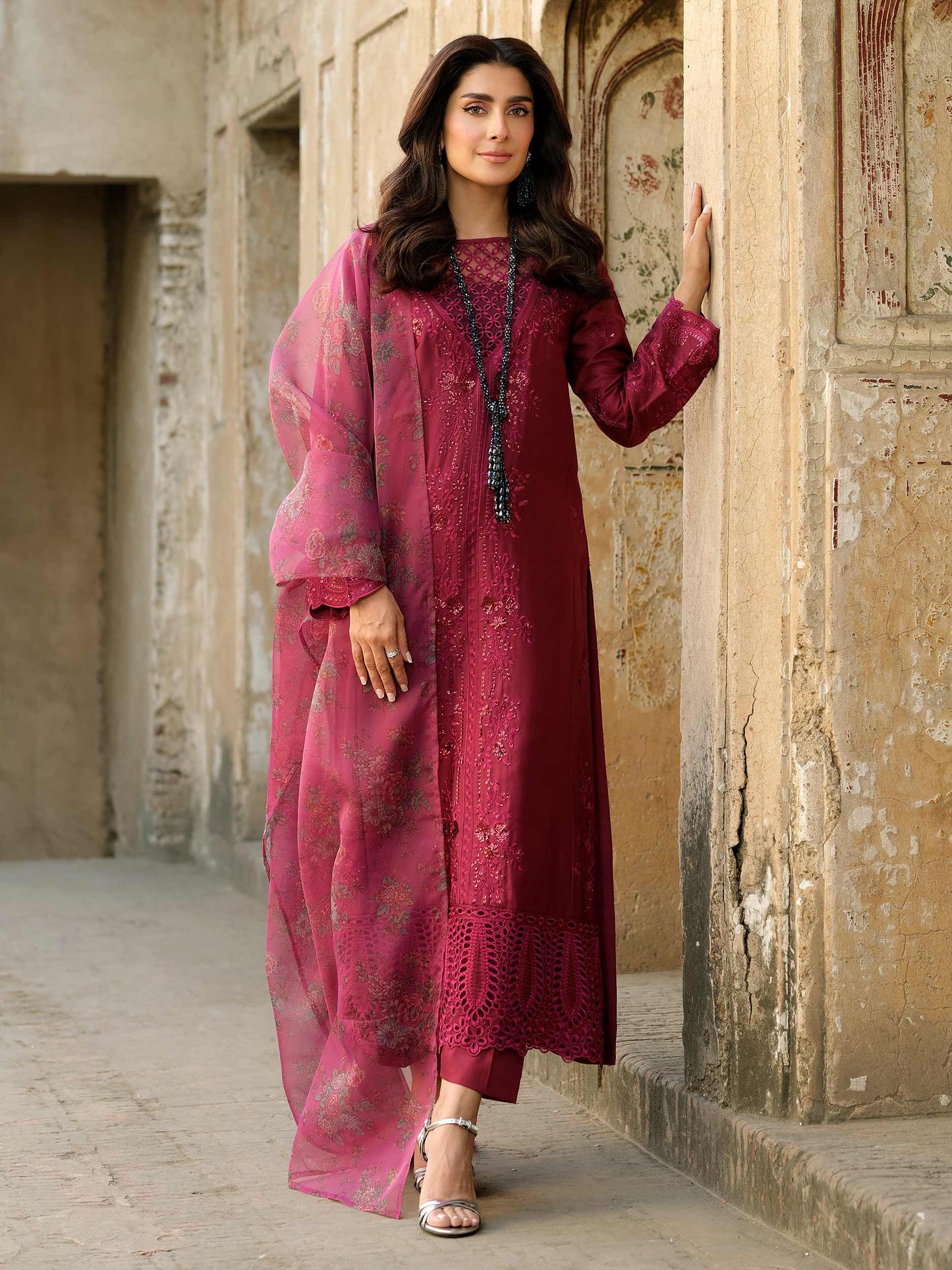 3 Piece Satin Suit-Embroidered (Pret)