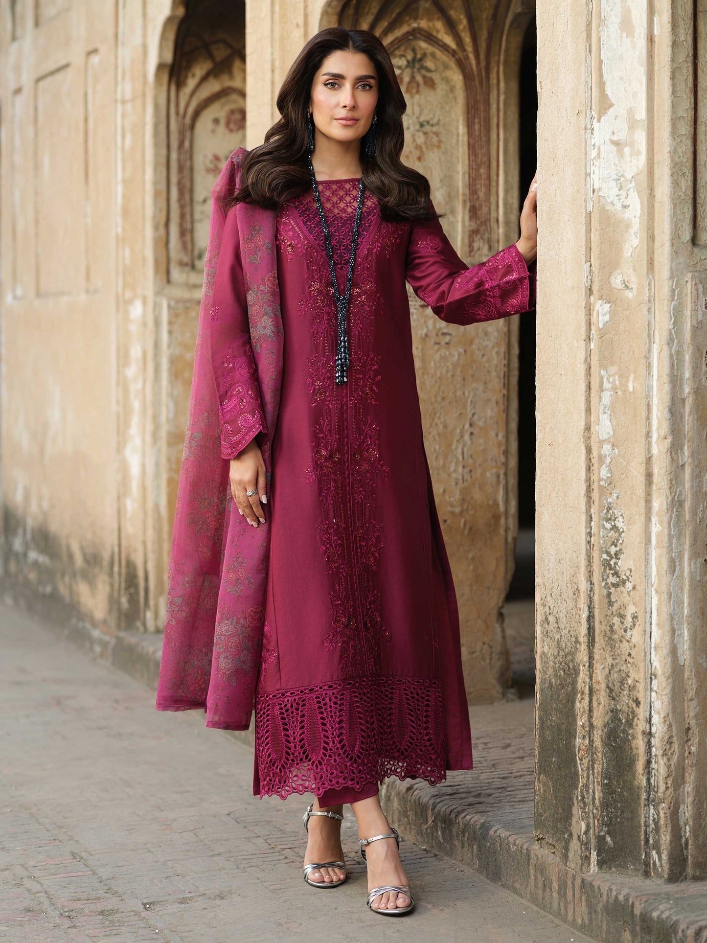 3 Piece Satin Suit-Embroidered (Pret)