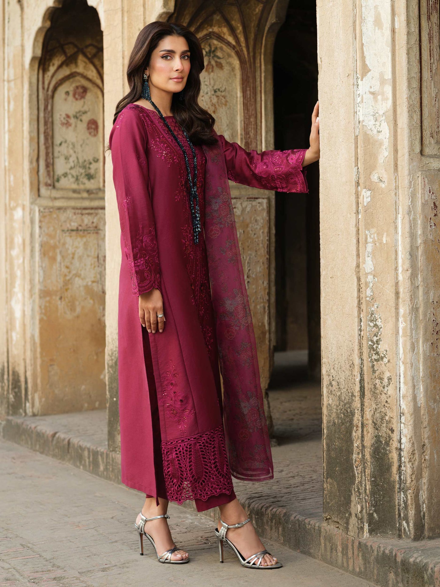 3 Piece Satin Suit-Embroidered (Pret)
