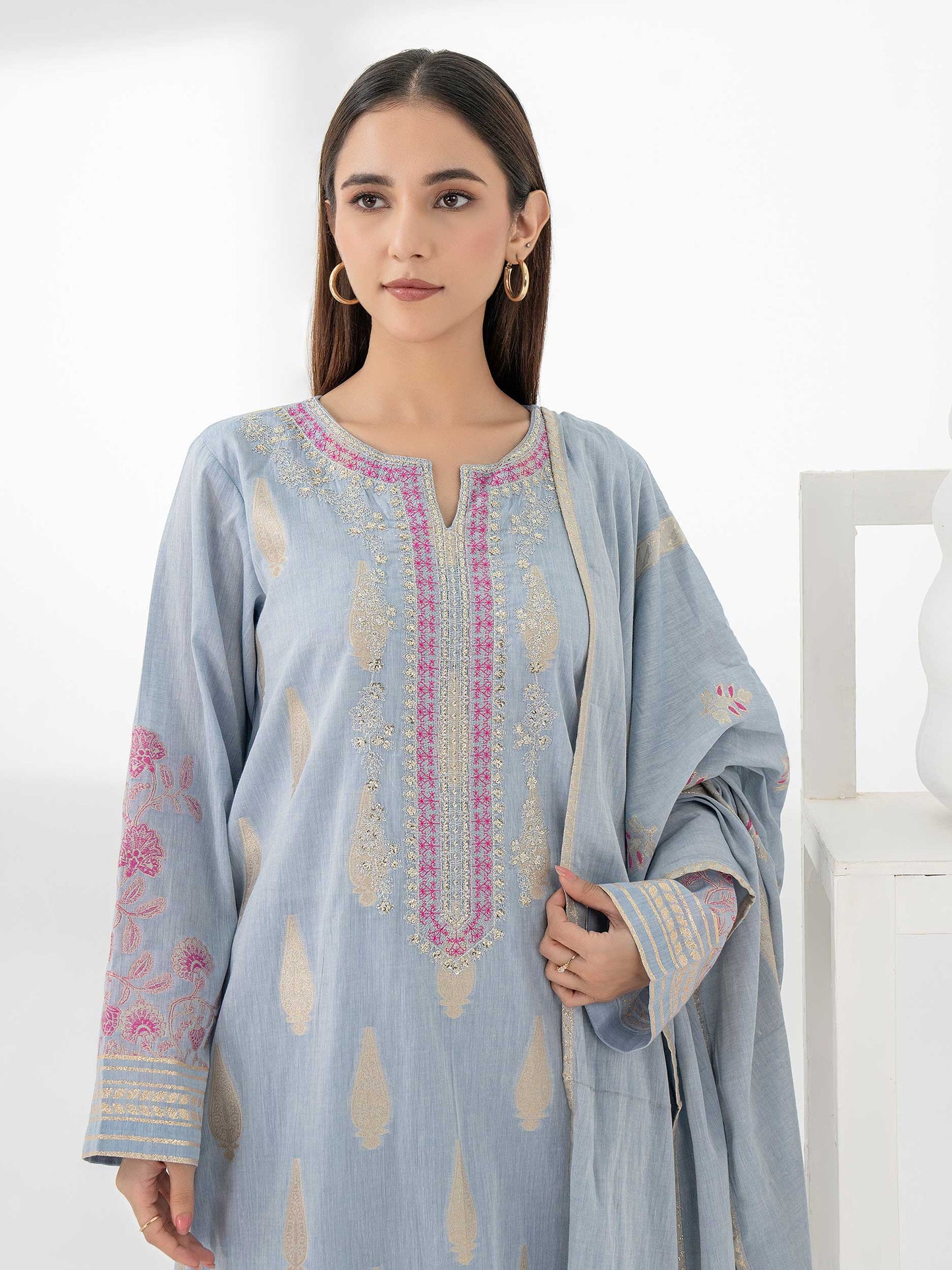 3 Piece Jacquard Suit-Embroidered (Pret)