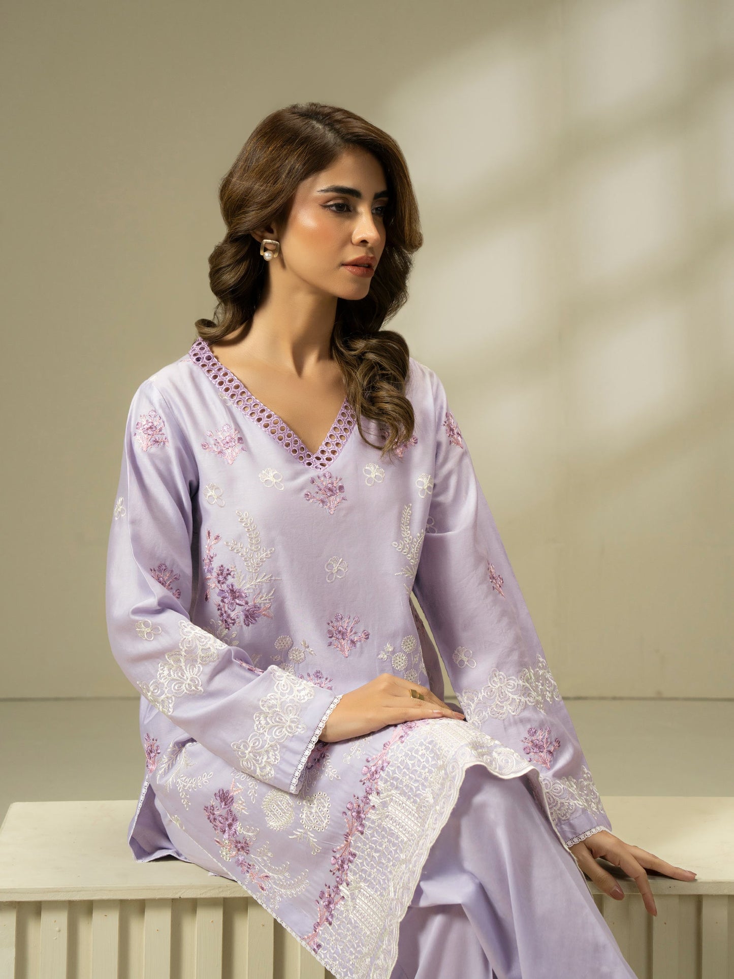 2 Piece Satin Suit-Embroidered (Pret)