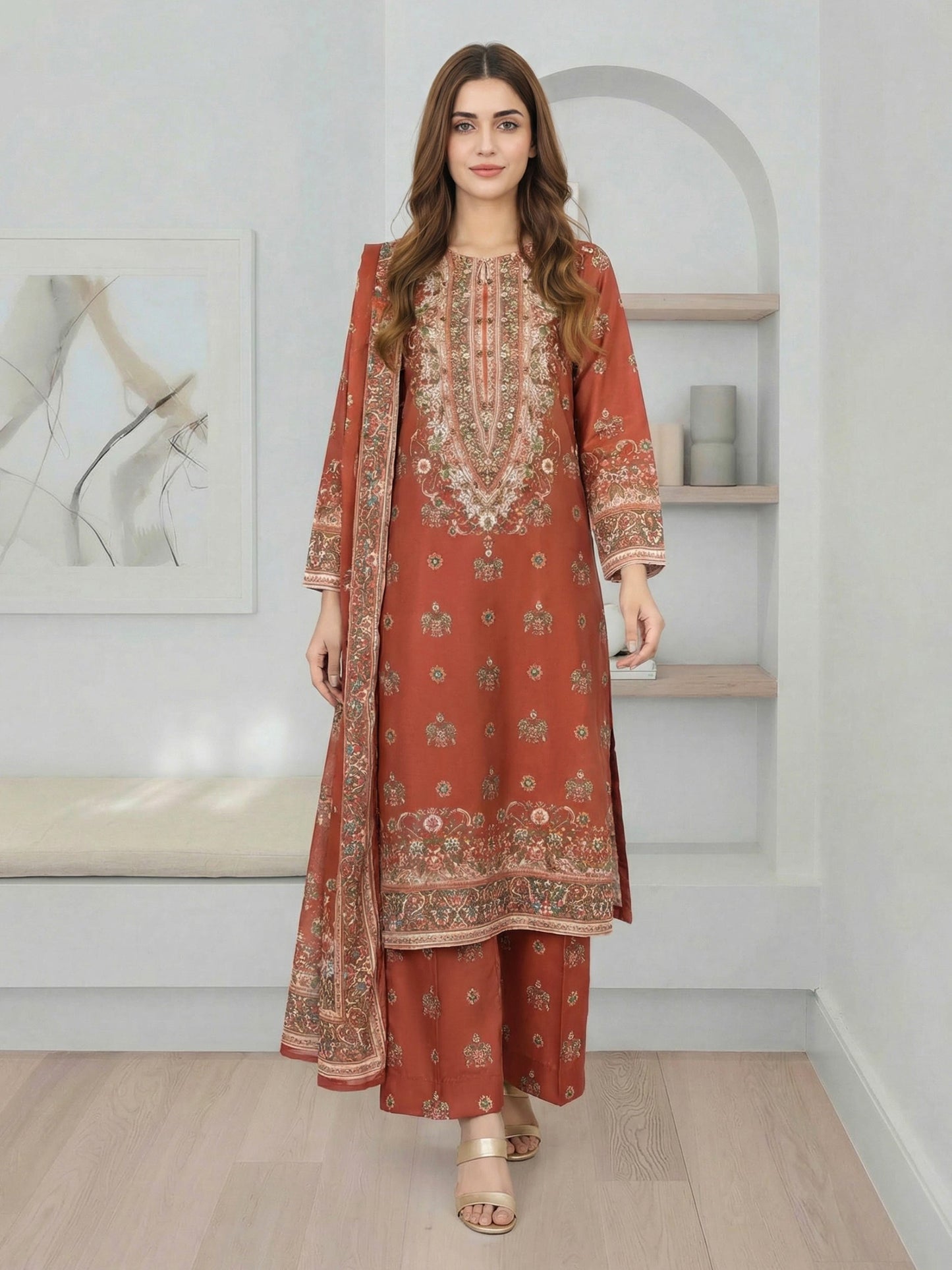 3 Piece Silk Suit- Embroidered (Pret)