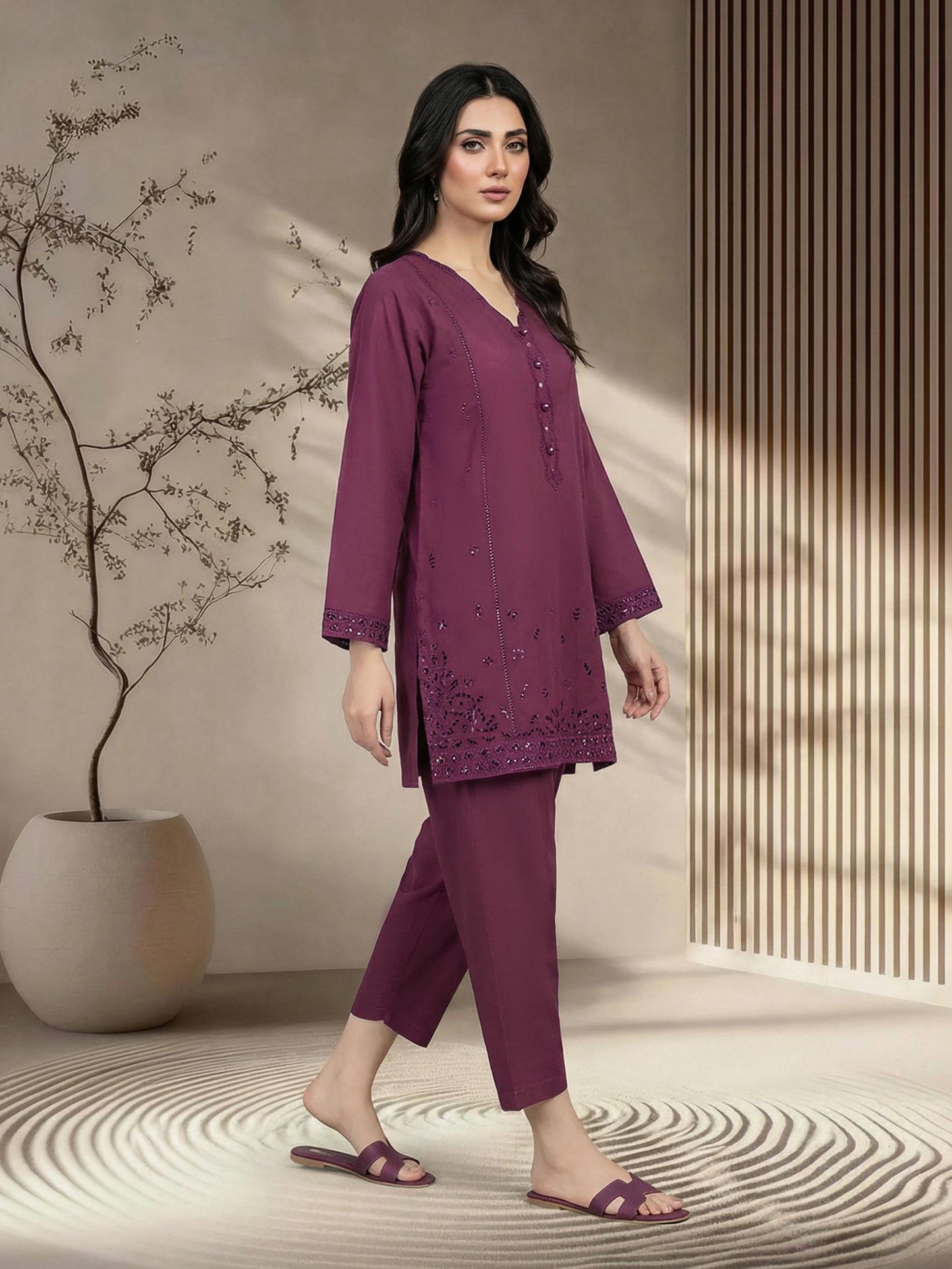 2 Piece Cambric Slub Suit- Embroidered (Pret)