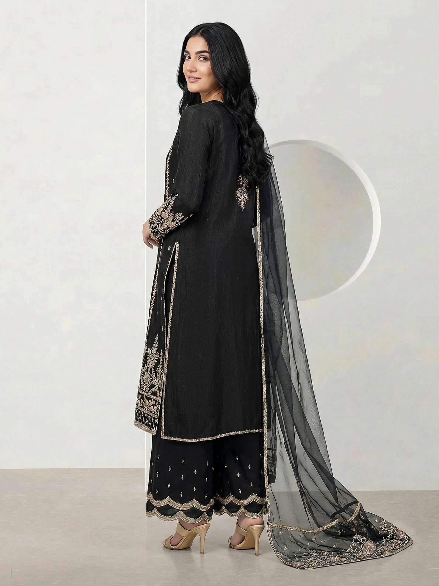 3 Piece Viscose Glitter Suit- Embroidered (Pret)