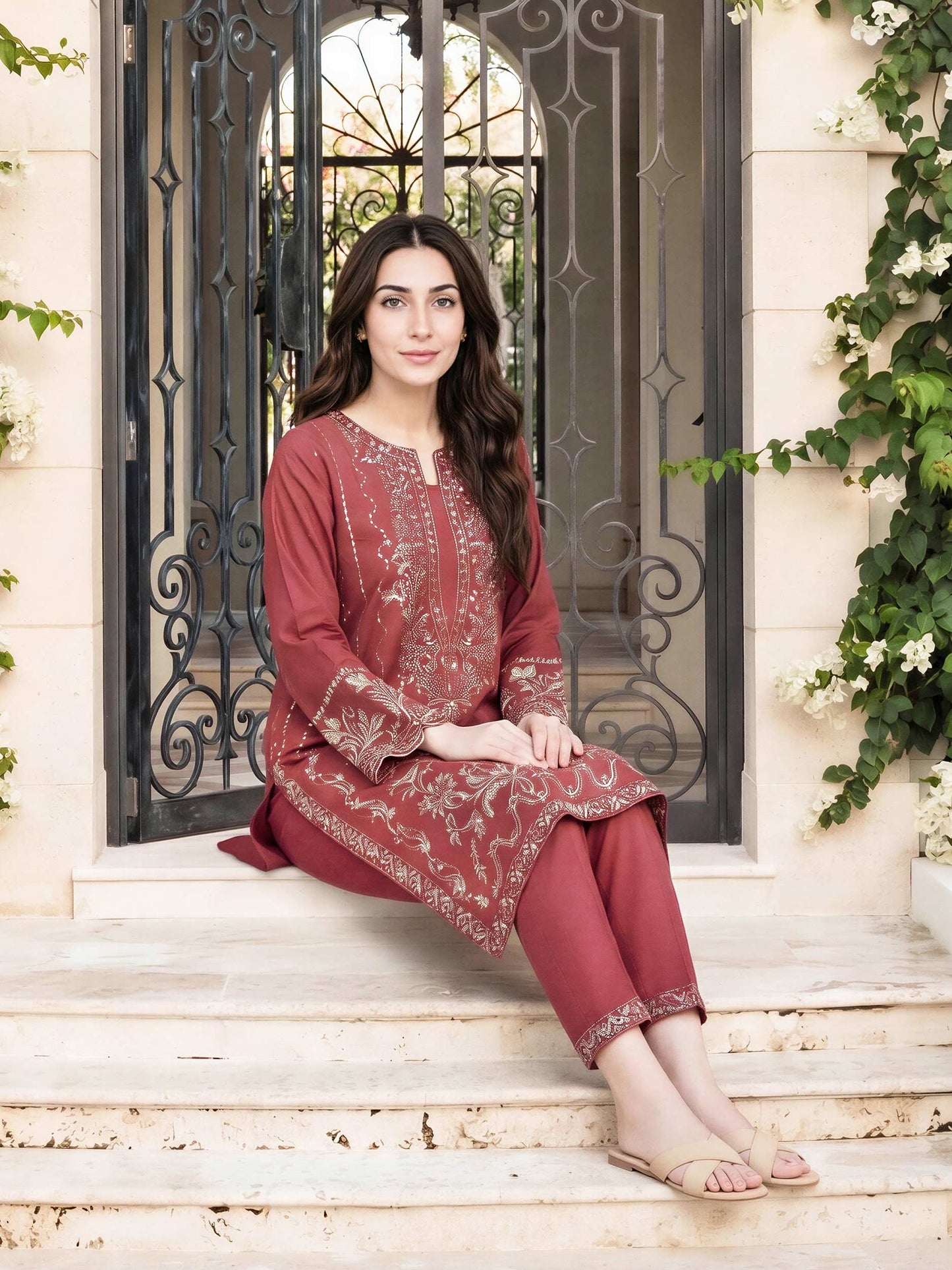 2 Piece Self Jacquard Suit- Embroidered (Pret)