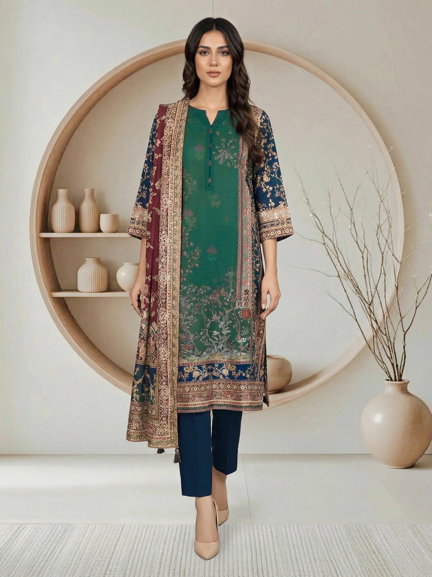 3 Piece Silk Suit- Embroidered (Pret)