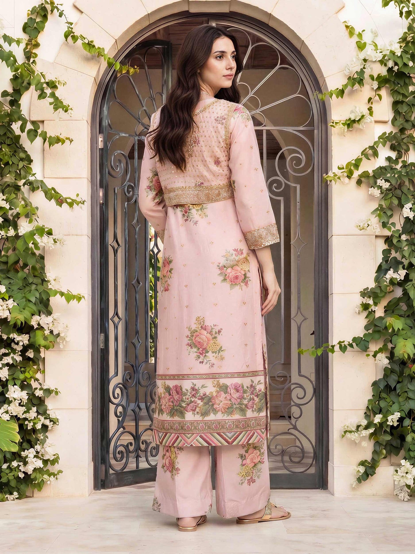 2 Piece Satin Suit- Embroidered (Pret)
