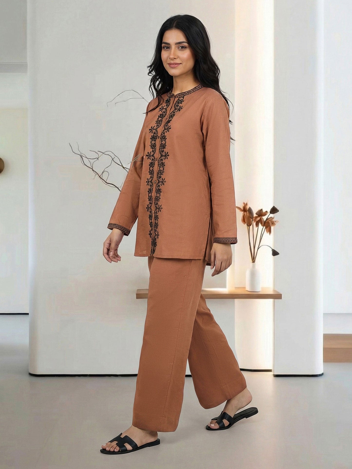 Lawn Slub Co-ord Set- Embroidered