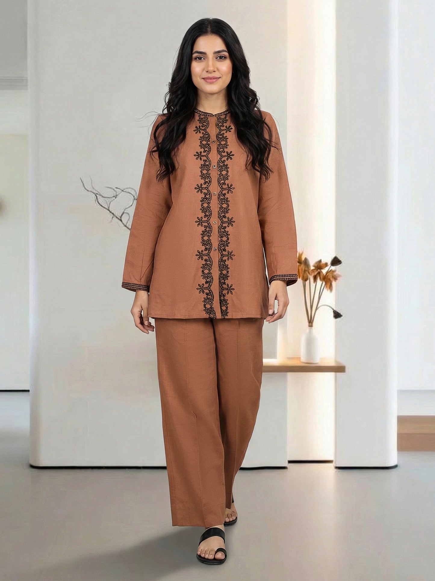 Lawn Slub Co-ord Set- Embroidered