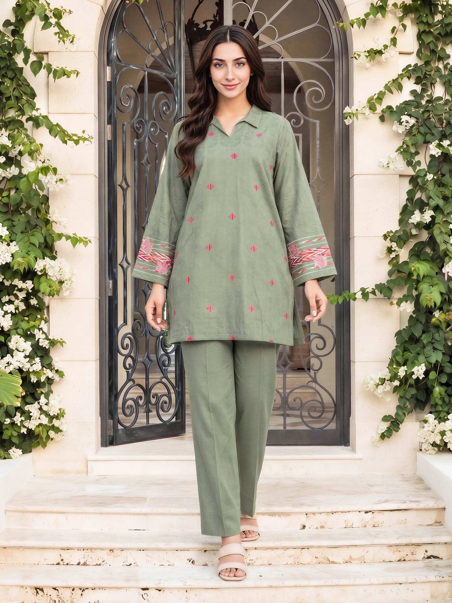2 Piece Dobby Suit- Embroidered (Pret)