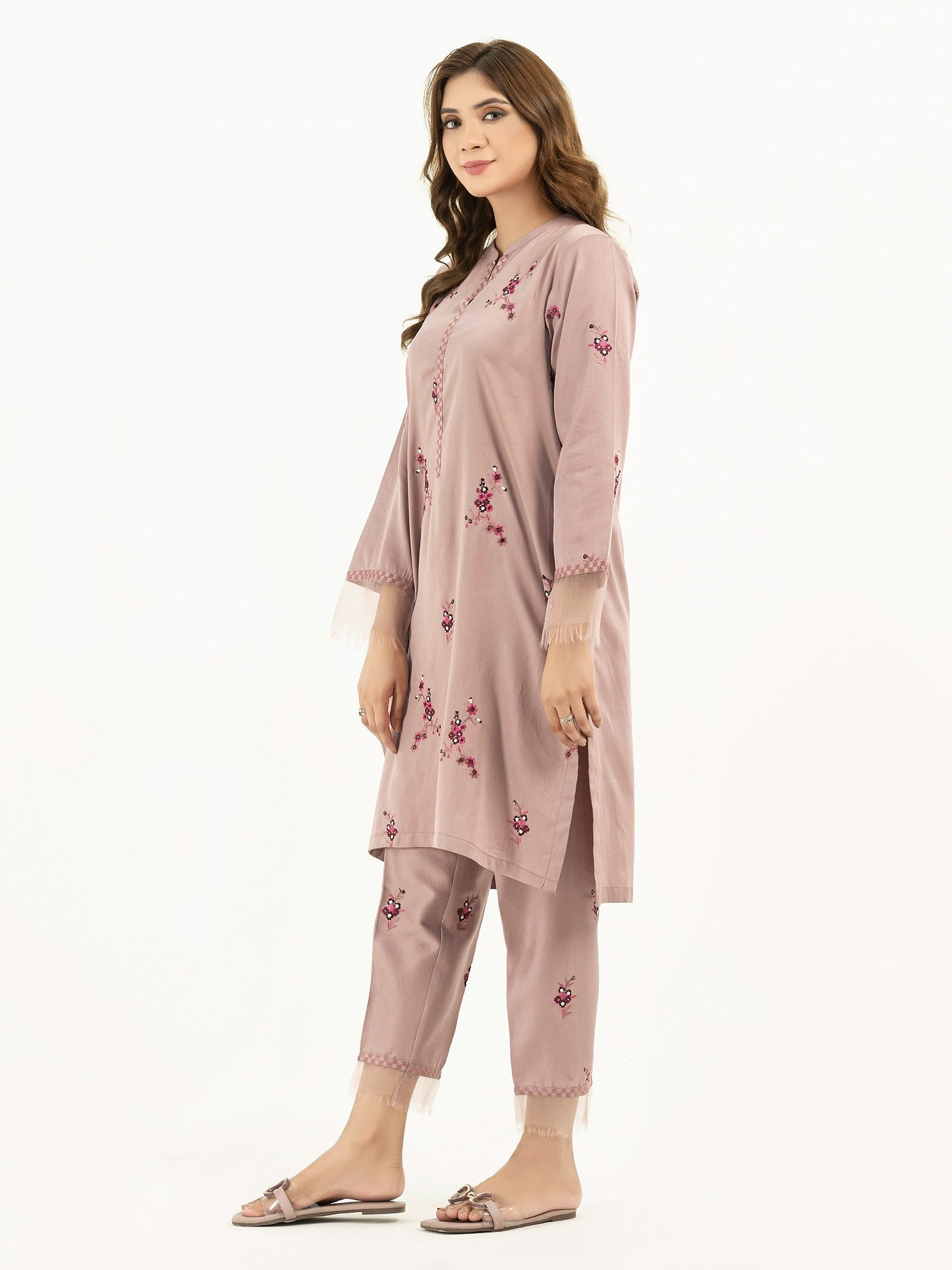 2 Piece Satin Suit-Embroidered  (Pret)