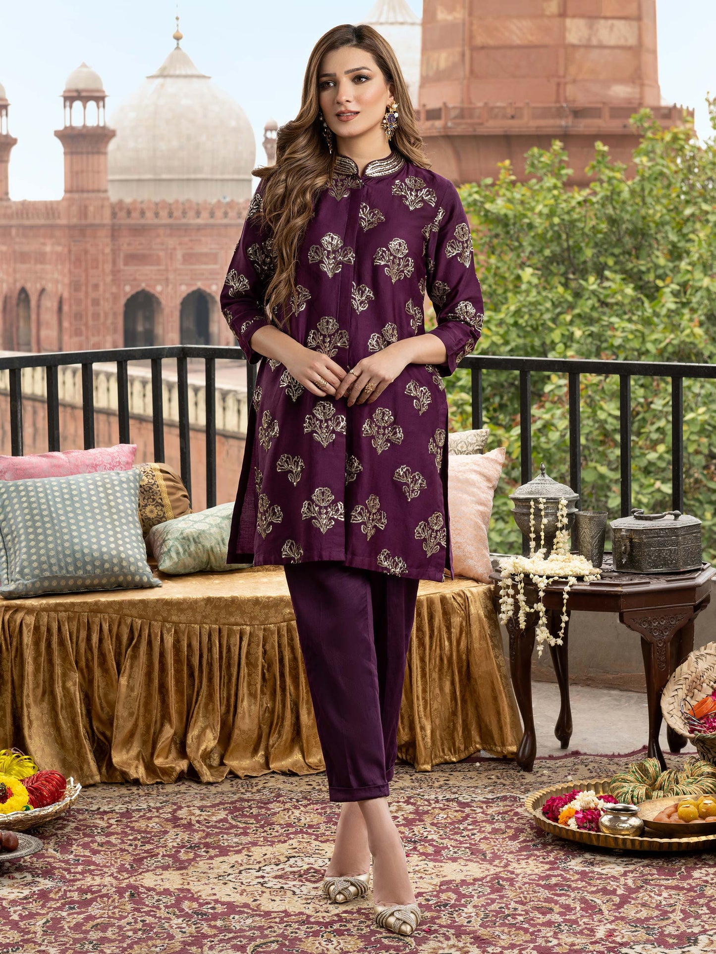 2 Piece Satin Suit-Embroidered (Pret)