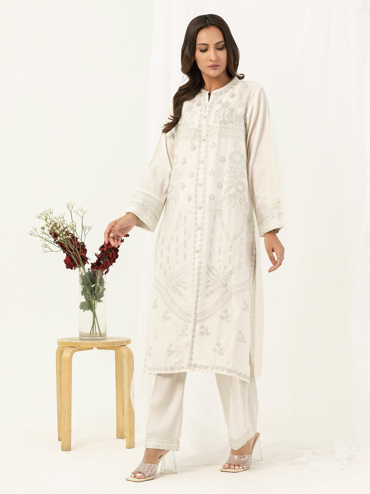 2 Piece Satin Suit-Embroidered (Pret)