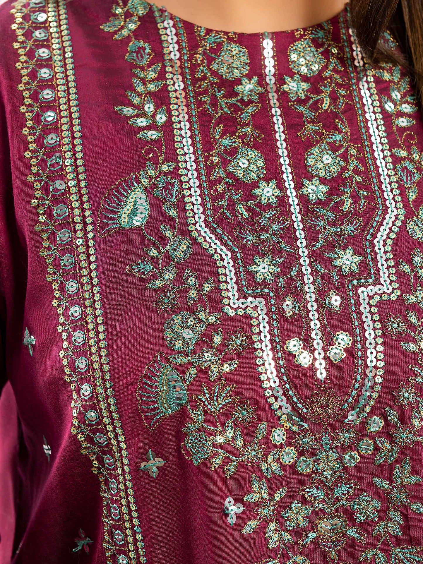 2 Piece Raw Silk Suit-Embroidered (Pret)