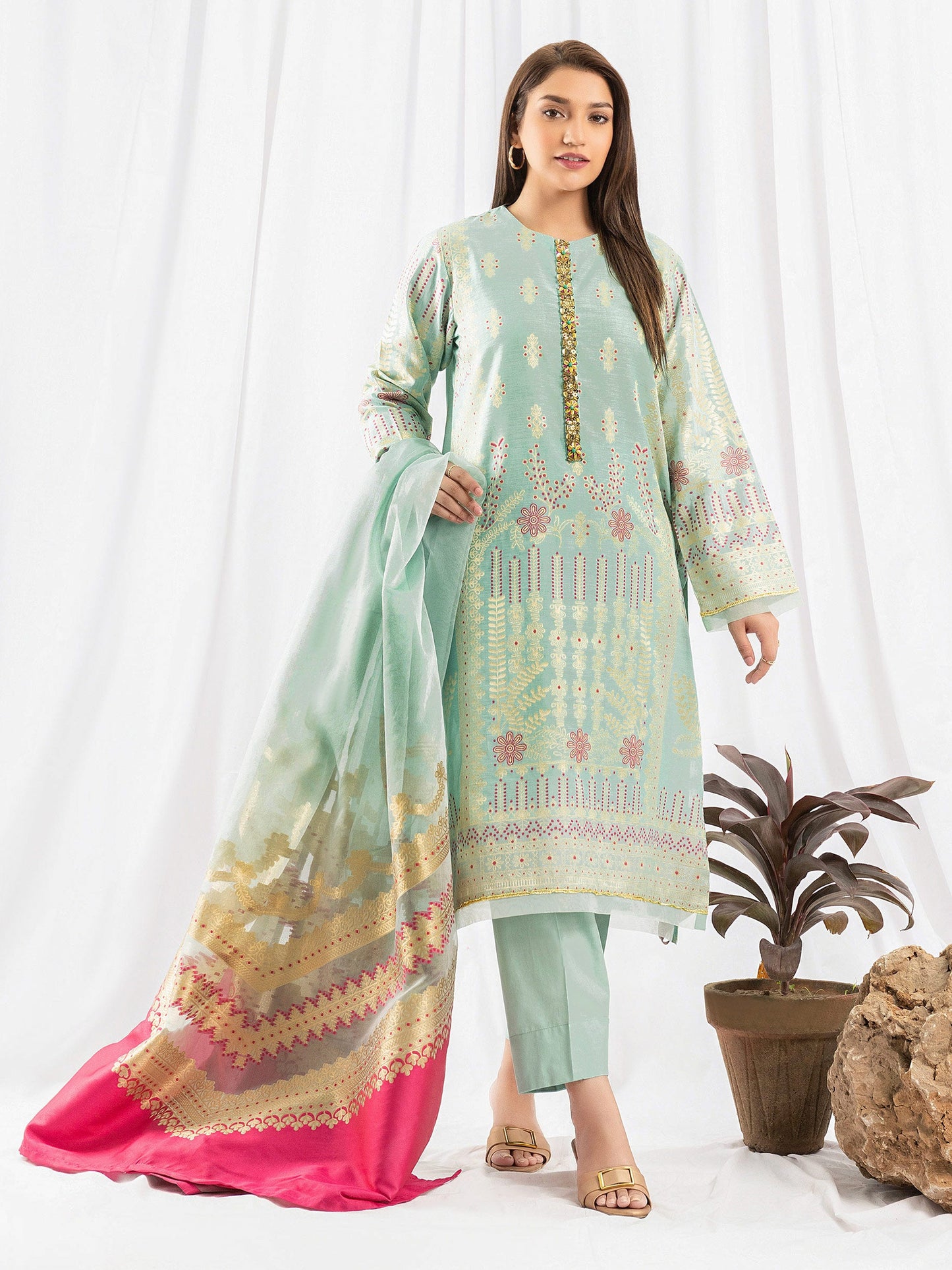 3 Piece Jacquard Suit-Embroidered (Pret)