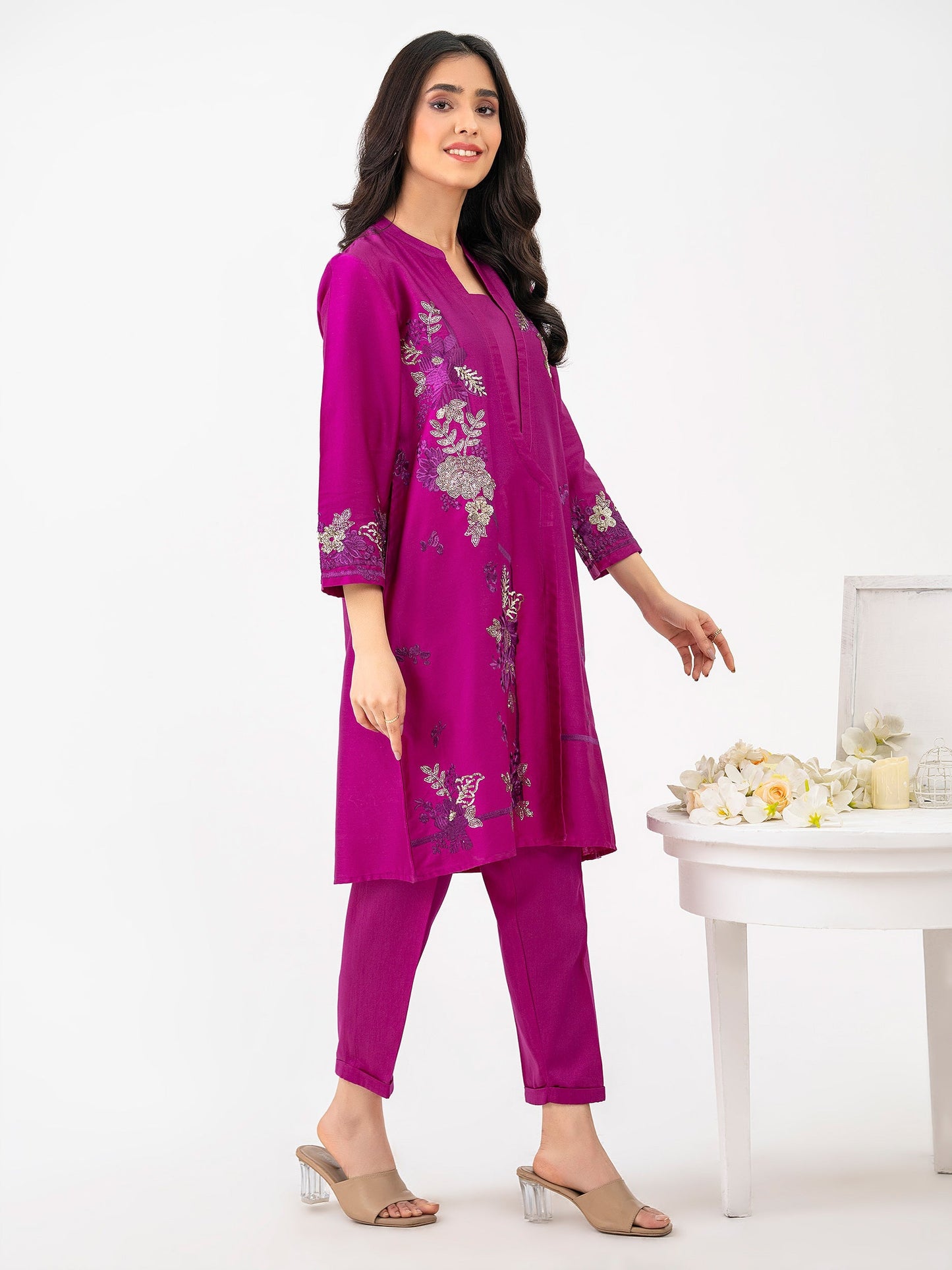 2 Piece Satin Suit-Embroidered (Pret)