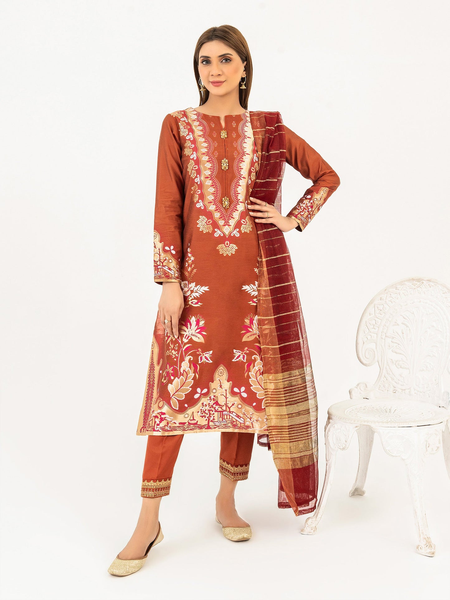 3 Piece Jacquard Suit-Embroidered (Pret)