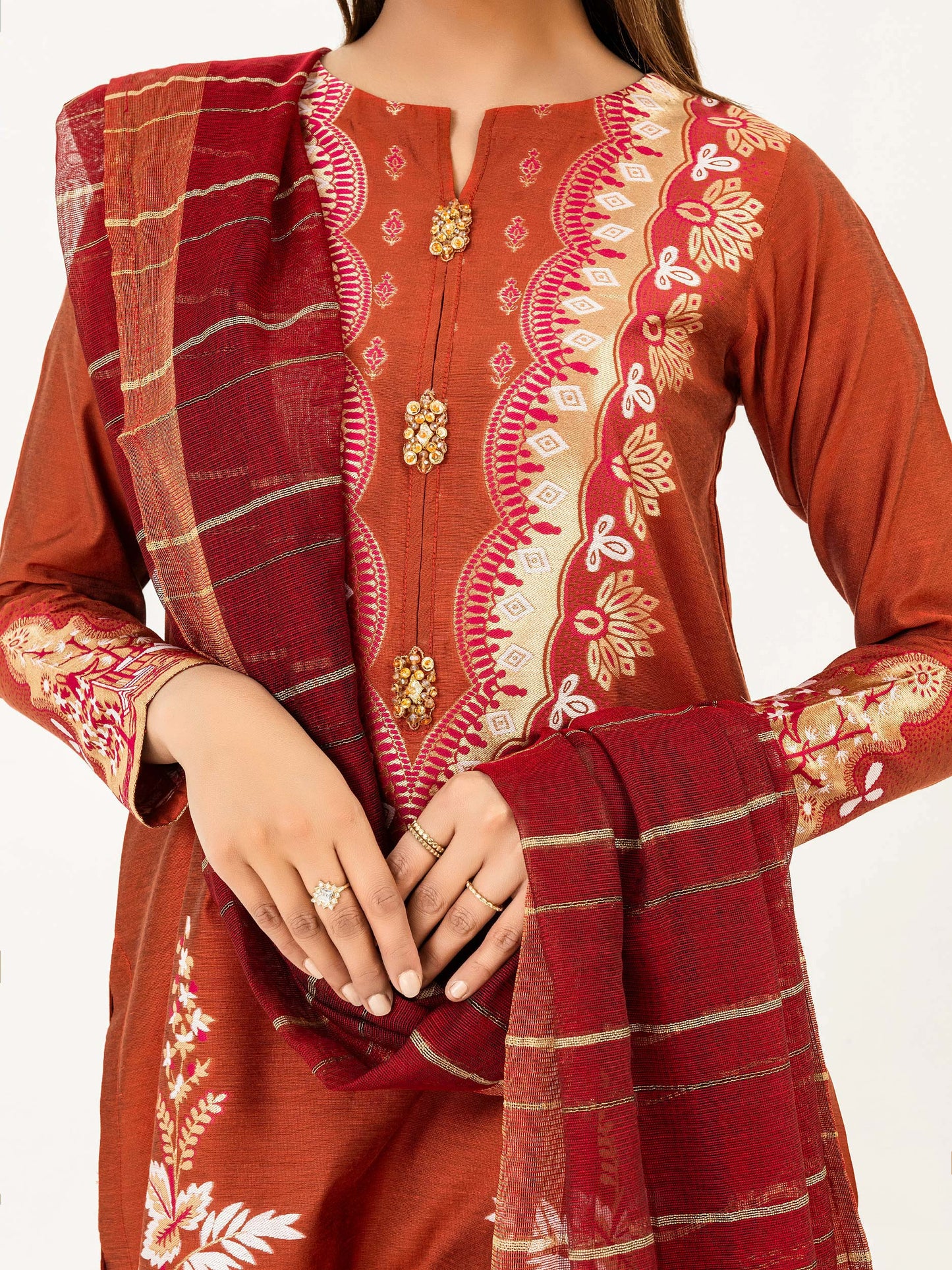 3 Piece Jacquard Suit-Embroidered (Pret)