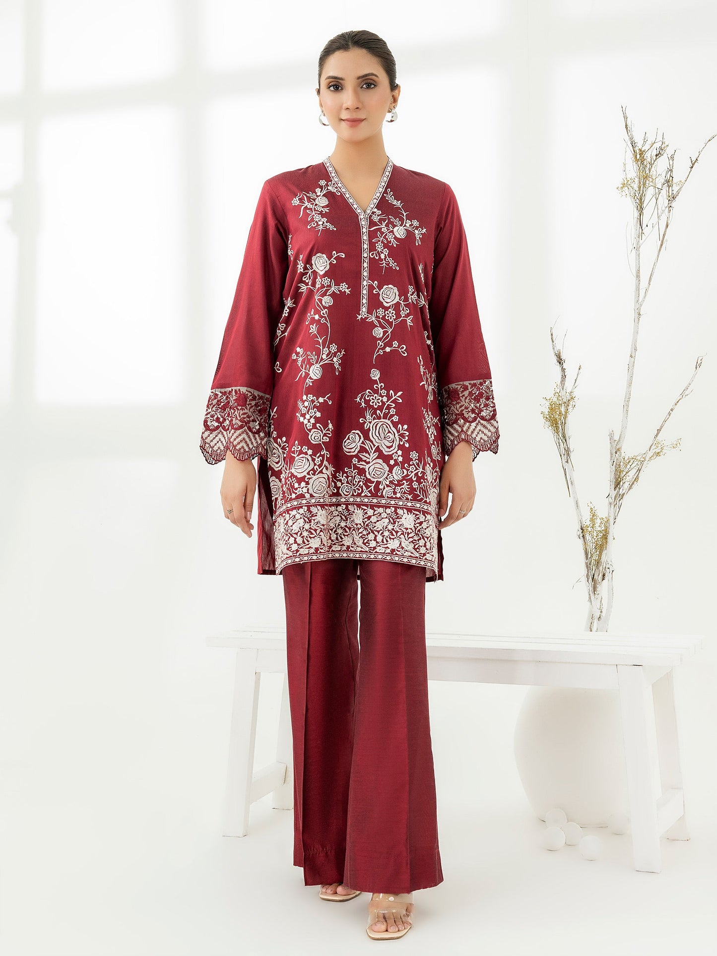 2 Piece Raw Silk Suit-Emmbroidered (Pret)