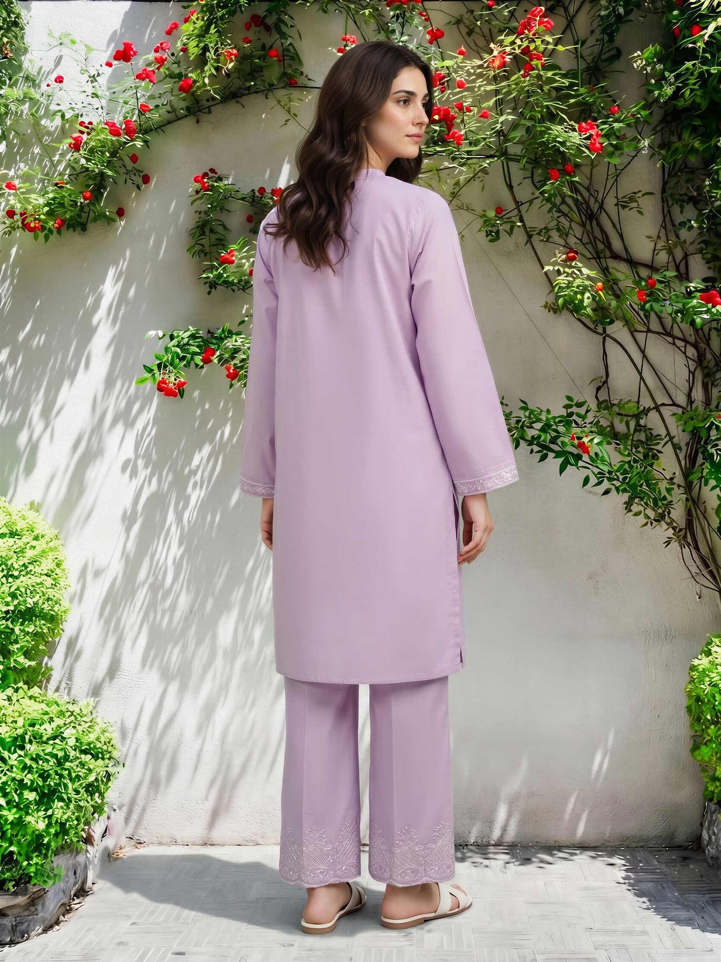 2 Piece Cambric Slub Suit- Embroidered (Pret)