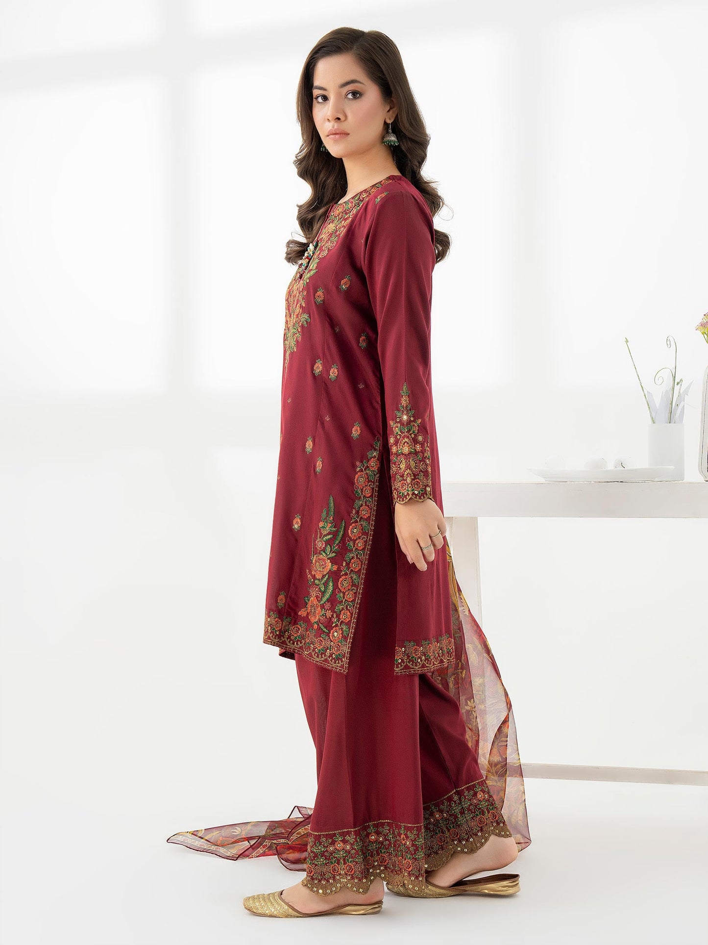 3 Piece Raw Silk Suit-Embroidered (Pret)