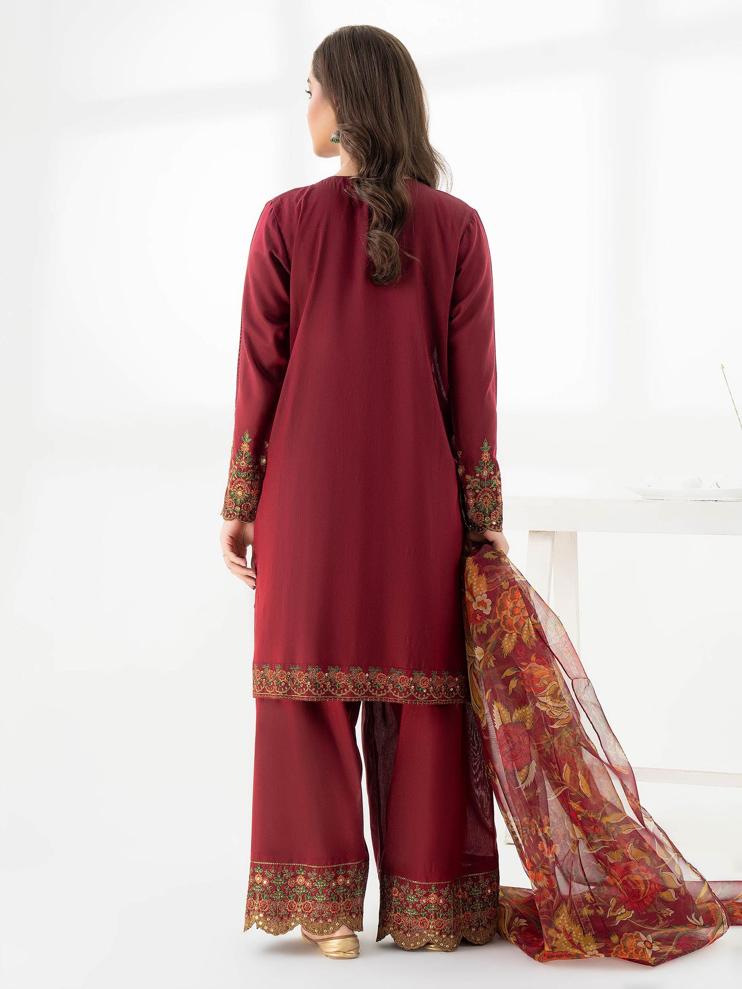 3 Piece Raw Silk Suit-Embroidered (Pret)