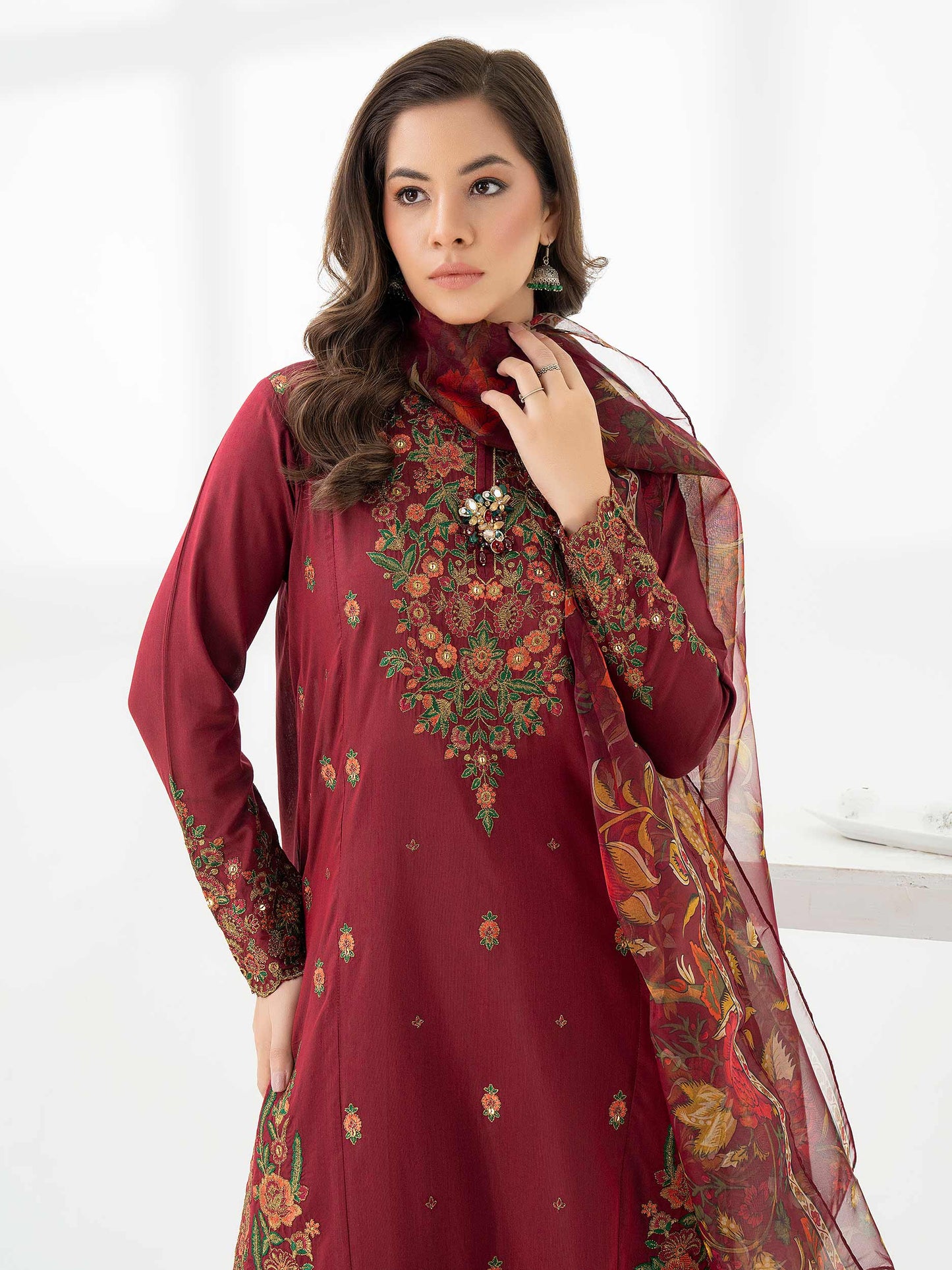 3 Piece Raw Silk Suit-Embroidered (Pret)