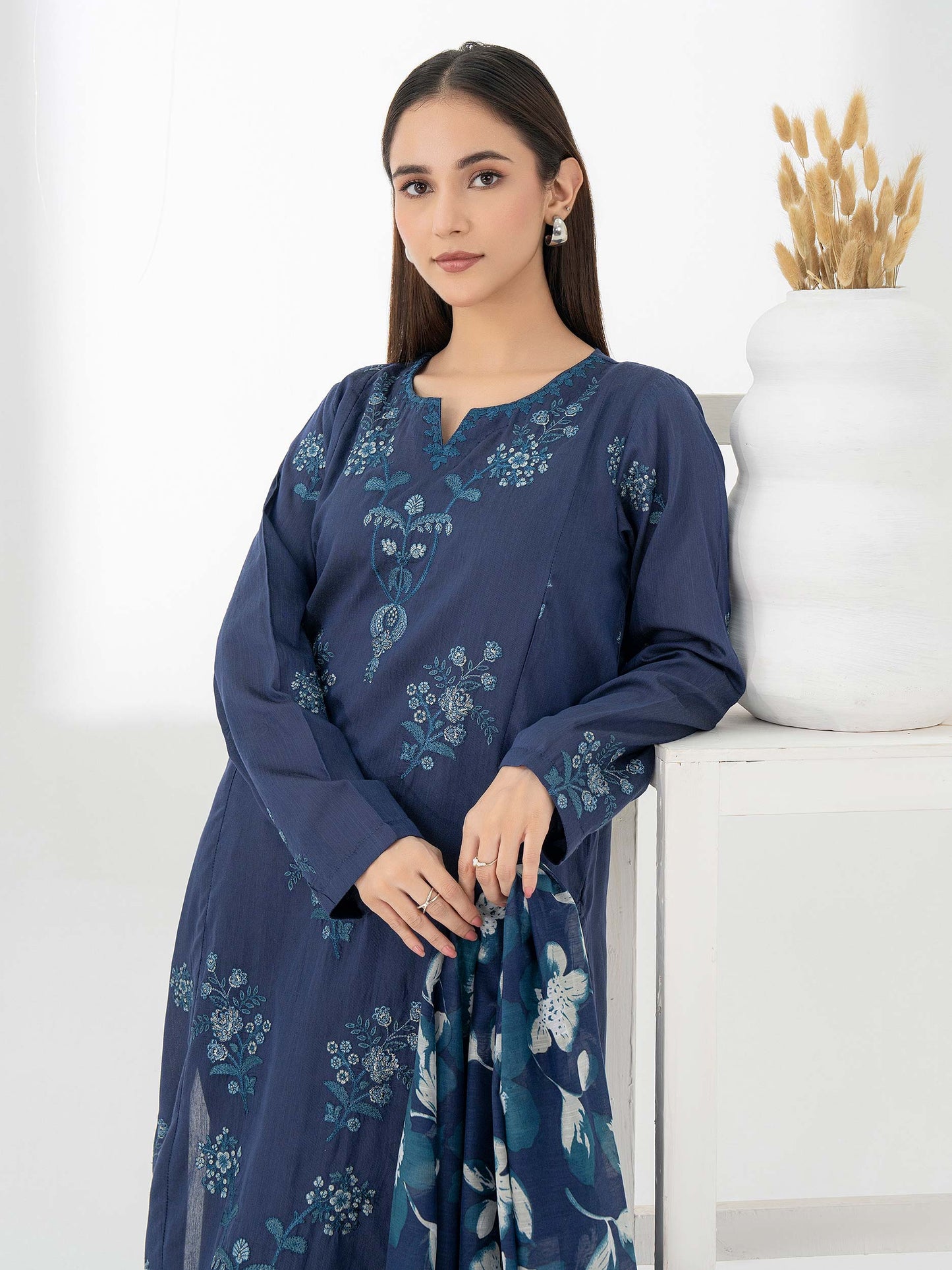 3 Piece Raw Silk Suit-Embroidered (Pret)