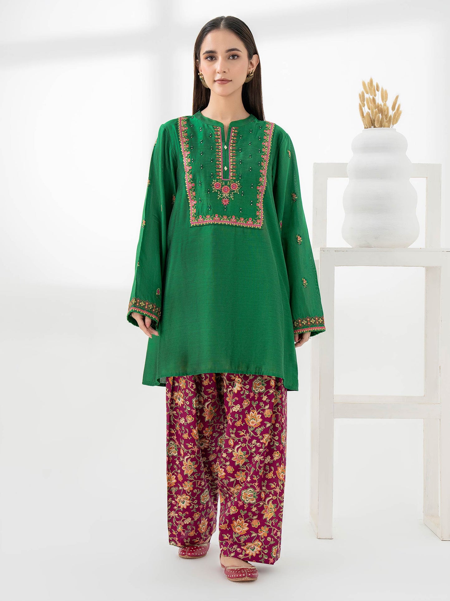 2 Piece Raw Silk Suit-Embroidered (Pret)