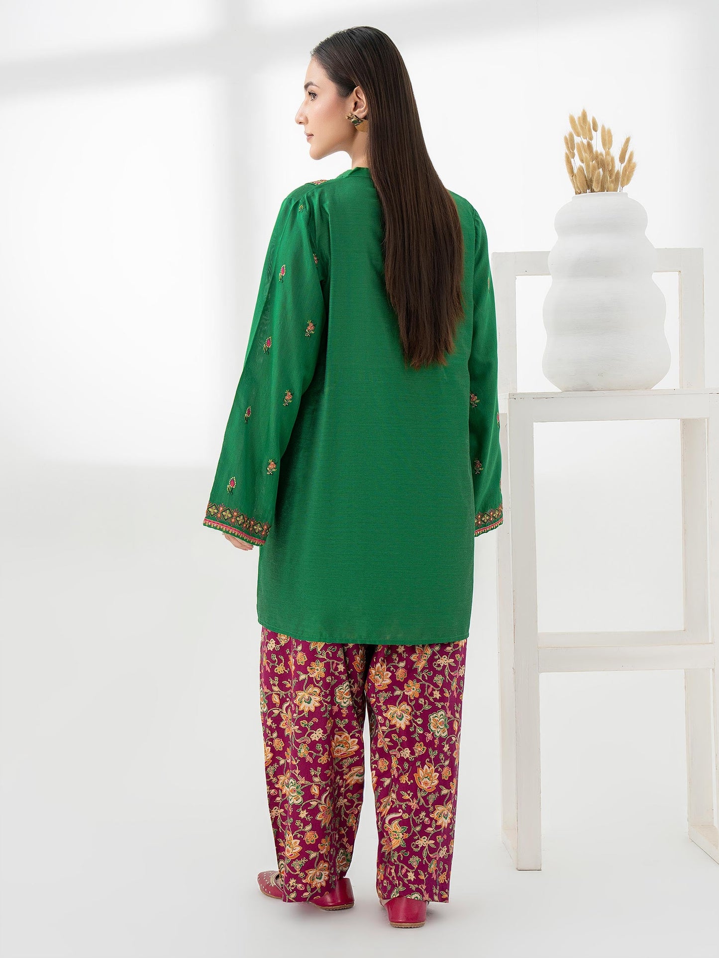 2 Piece Raw Silk Suit-Embroidered (Pret)