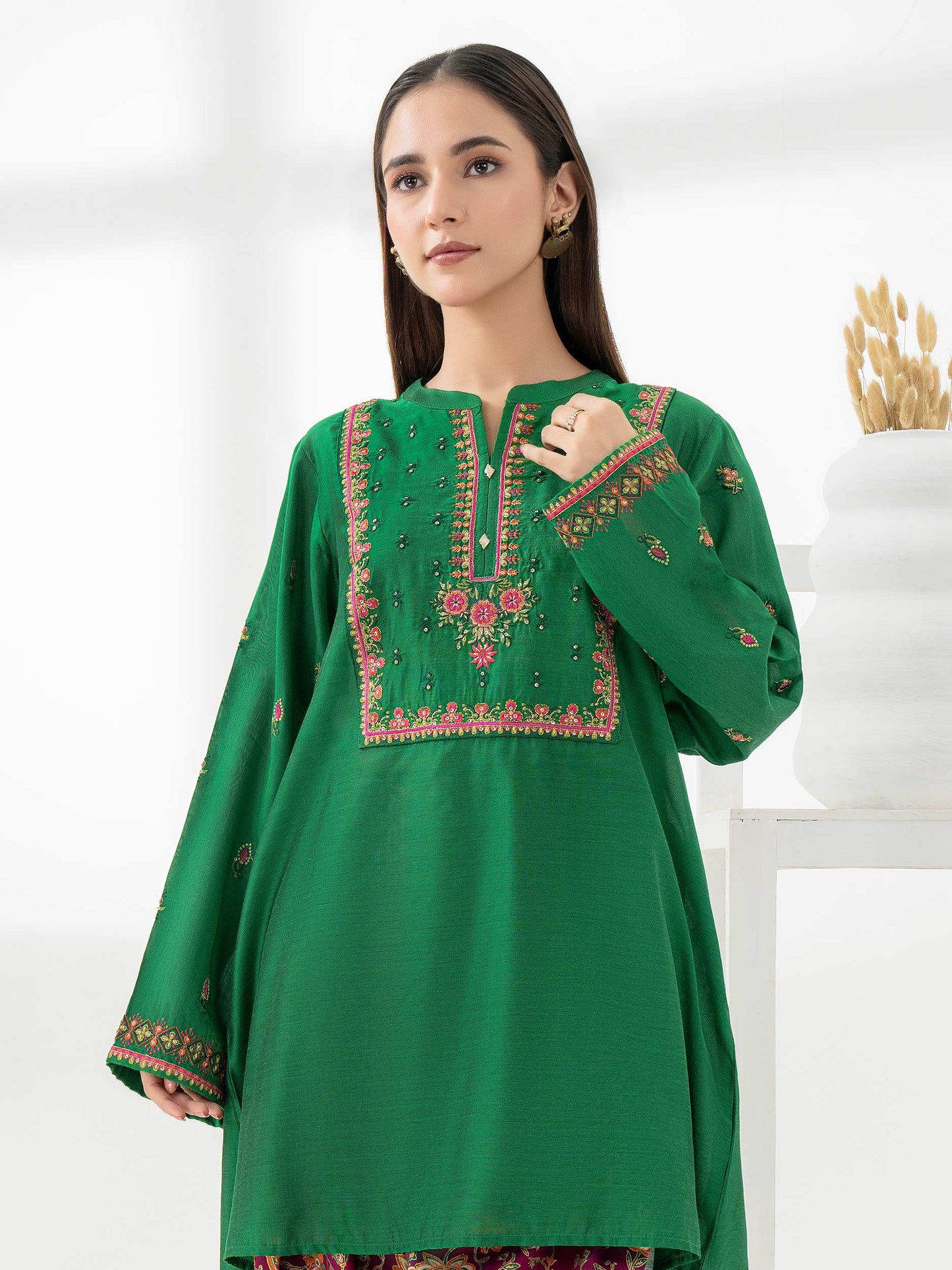 2 Piece Raw Silk Suit-Embroidered (Pret)