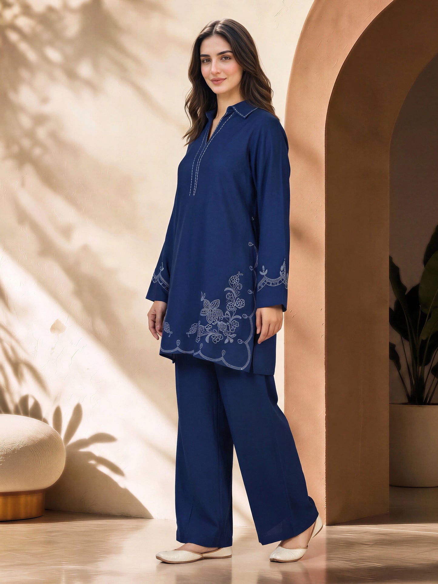 Viscose Slub Co-ord Set- Embroidered