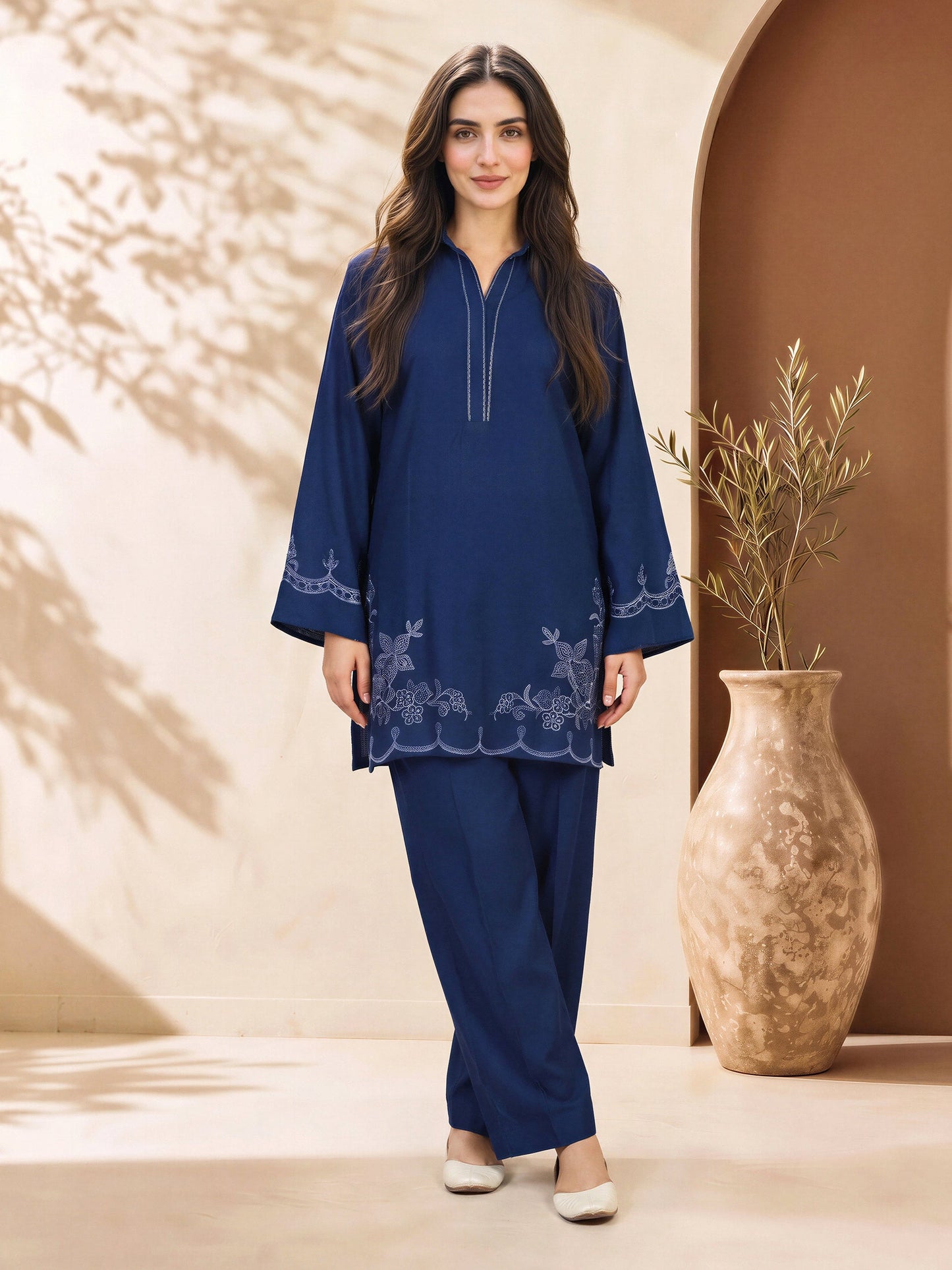 Viscose Slub Co-ord Set- Embroidered