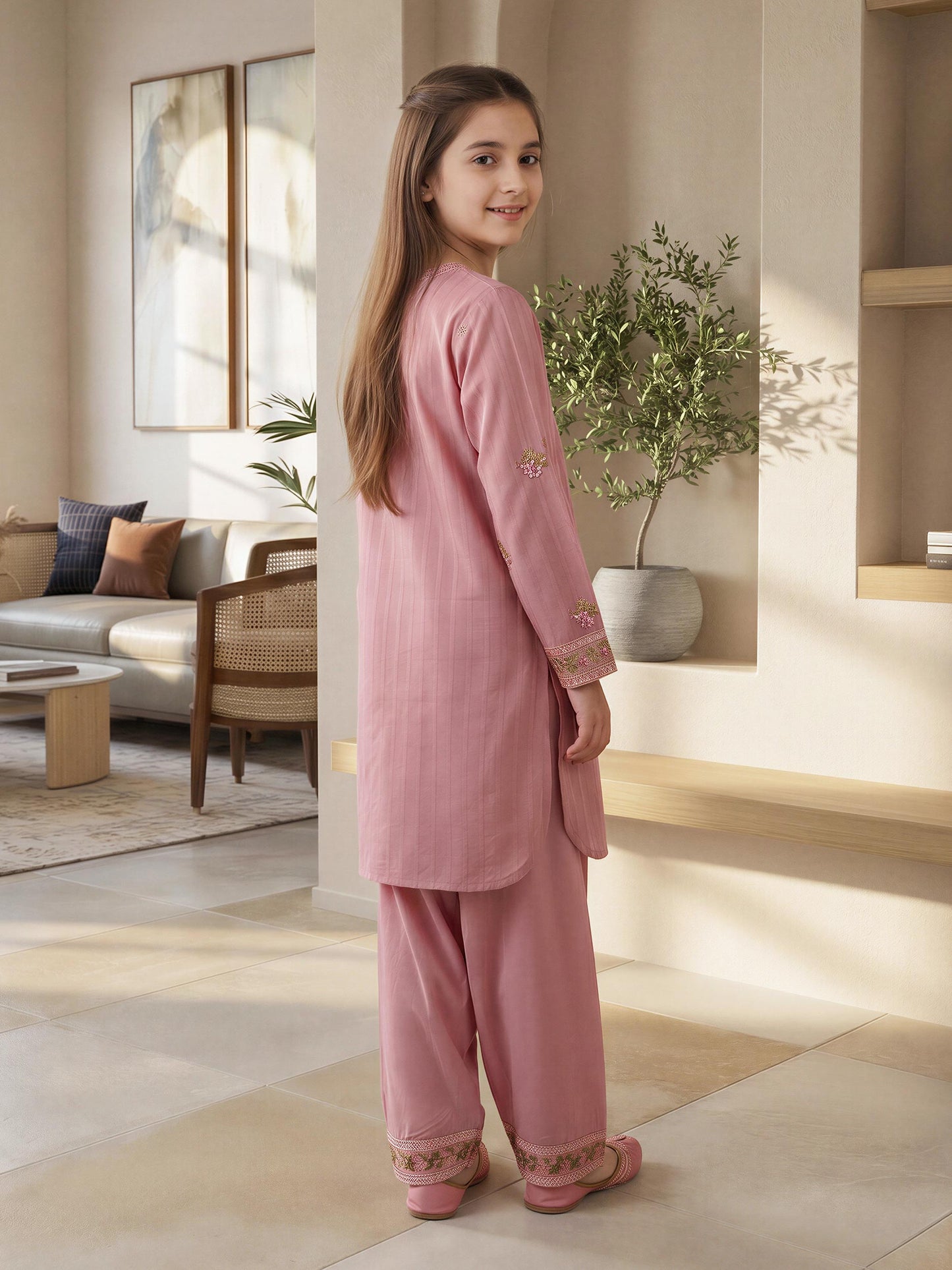 2 Piece Self Jacquard Suit- Embroidered (Pret)